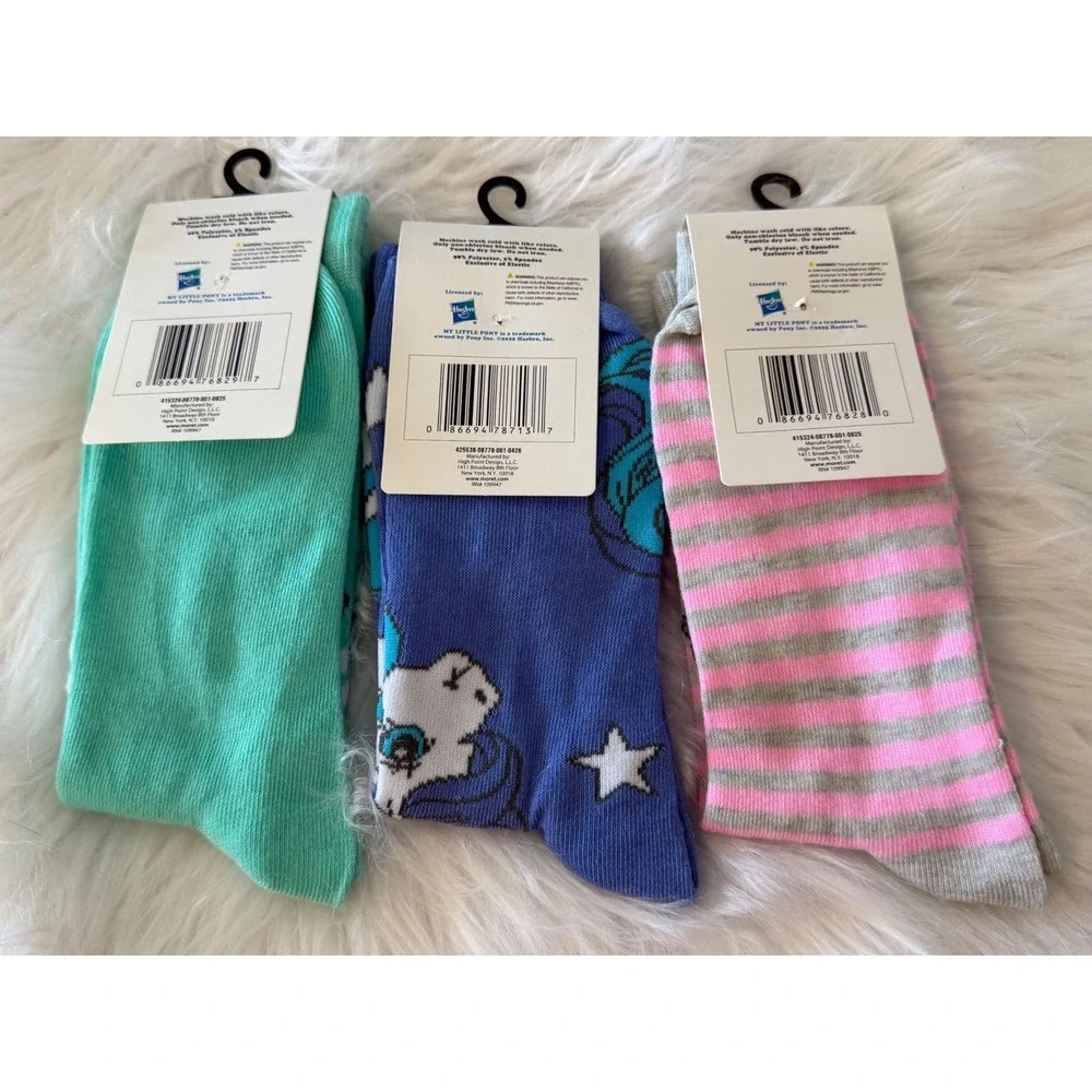 My Little Pony Crew Socks 3 Pair Bundle Mint Blue Pink Striped NWT Size 10-13